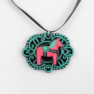 Pink And Green Dala Horse Cameo Pendant With..