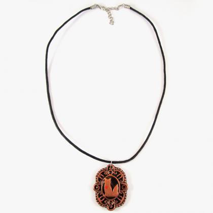 Copper Fox Cameo Pendant And Black Cord Necklace