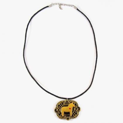 Gold Dala Horse Cameo Pendant And Black Cord..