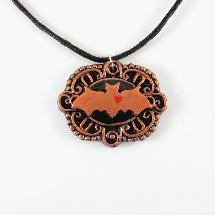 Copper Bat Cameo Pendant And Black Cord Necklace