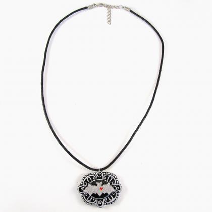 Silver Bat Cameo Pendant And Black Cord Necklace