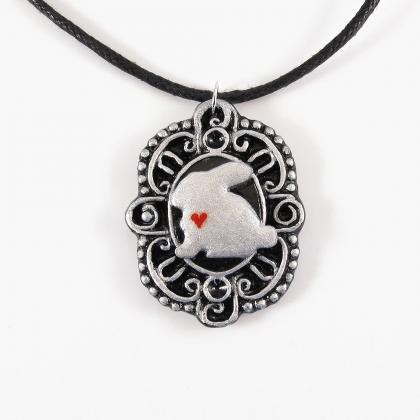 Silver Bunny Cameo Pendant And Black Cord Necklace