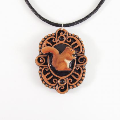 Red Squirrel Cameo Pendant And Cord Necklace