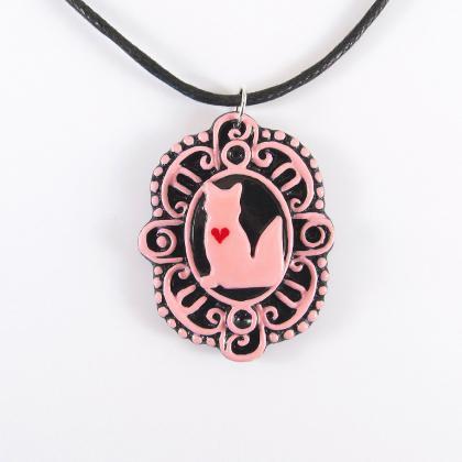 Pink Fox With Heart Cameo Pendant And Black Cord..