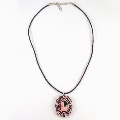 Pink Fox With Heart Cameo Pendant And Black Cord..