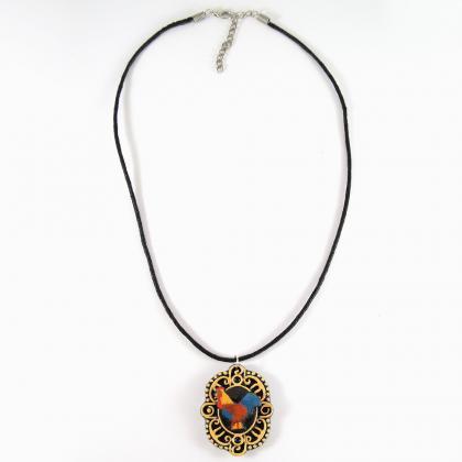 Rooster Cameo Pendant And Black Cord Necklace
