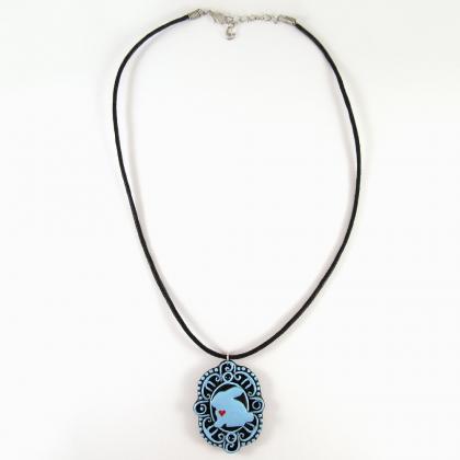 Blue Bunny With Heart Cameo Pendant And Black Cord..