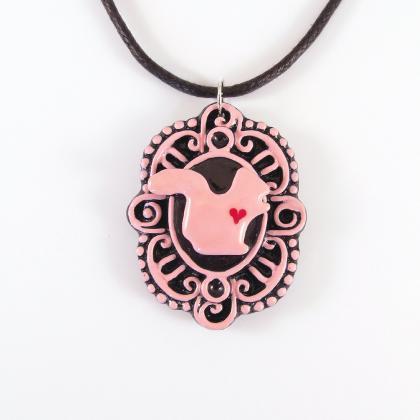 Pink Squirrel With Heart Cameo Pendant And Black..