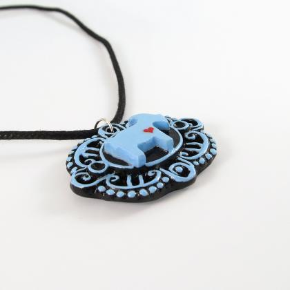 Blue Goat With Heart Cameo Pendant And Black Cord..