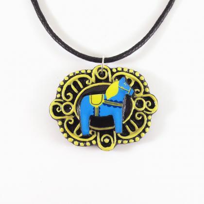 Blue And Yellow Dala Horse Cameo Pendant With..