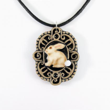 Bunny Cameo Pendant And Black Cord Necklace