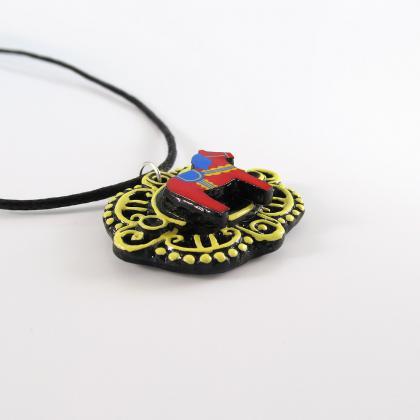 Red And Yellow Dala Horse Cameo Pendant With Black..