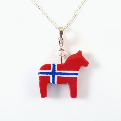 Norwegian Flag Dala Horse Pendant And Necklace