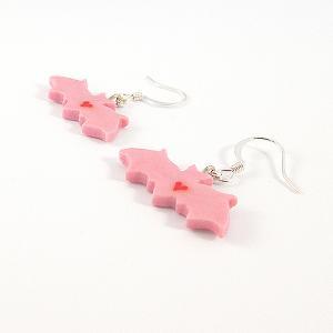 Clay Sculpted Pink Bat Earrings With Hearts