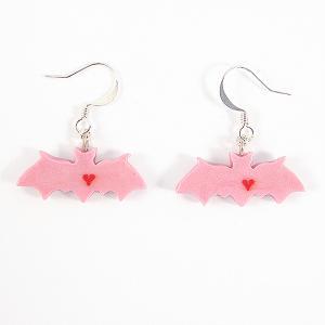 Clay Sculpted Pink Bat Earrings With Hearts