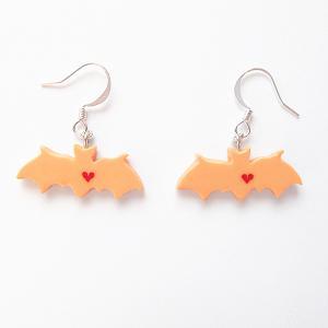 Clay Sculpted Orange Bat Earrings With Hearts
