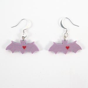 Clay Sculpted Purple Bat Earrings With Hearts