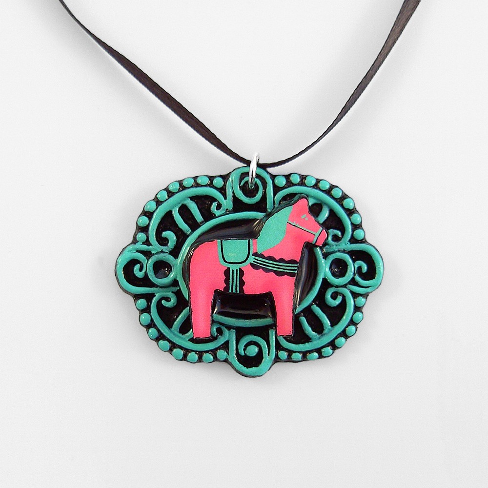 Pink And Green Dala Horse Cameo Pendant With Ribbon Necklace