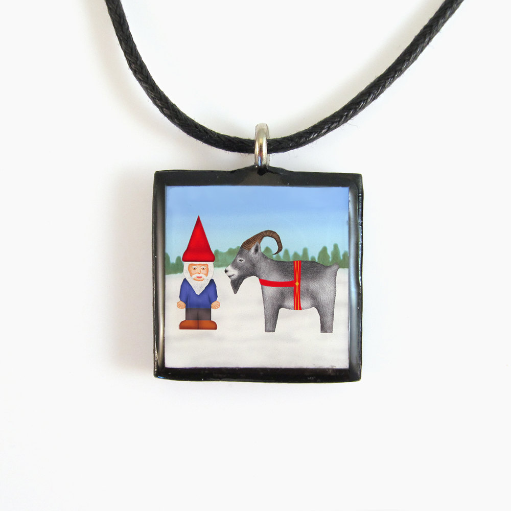 Tomten And Yule Goat Swedish Clay Tile Pendant And Necklace