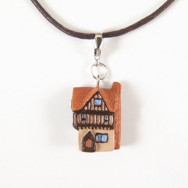 Tiny German Half-timbered House Pendant And Cord Necklace