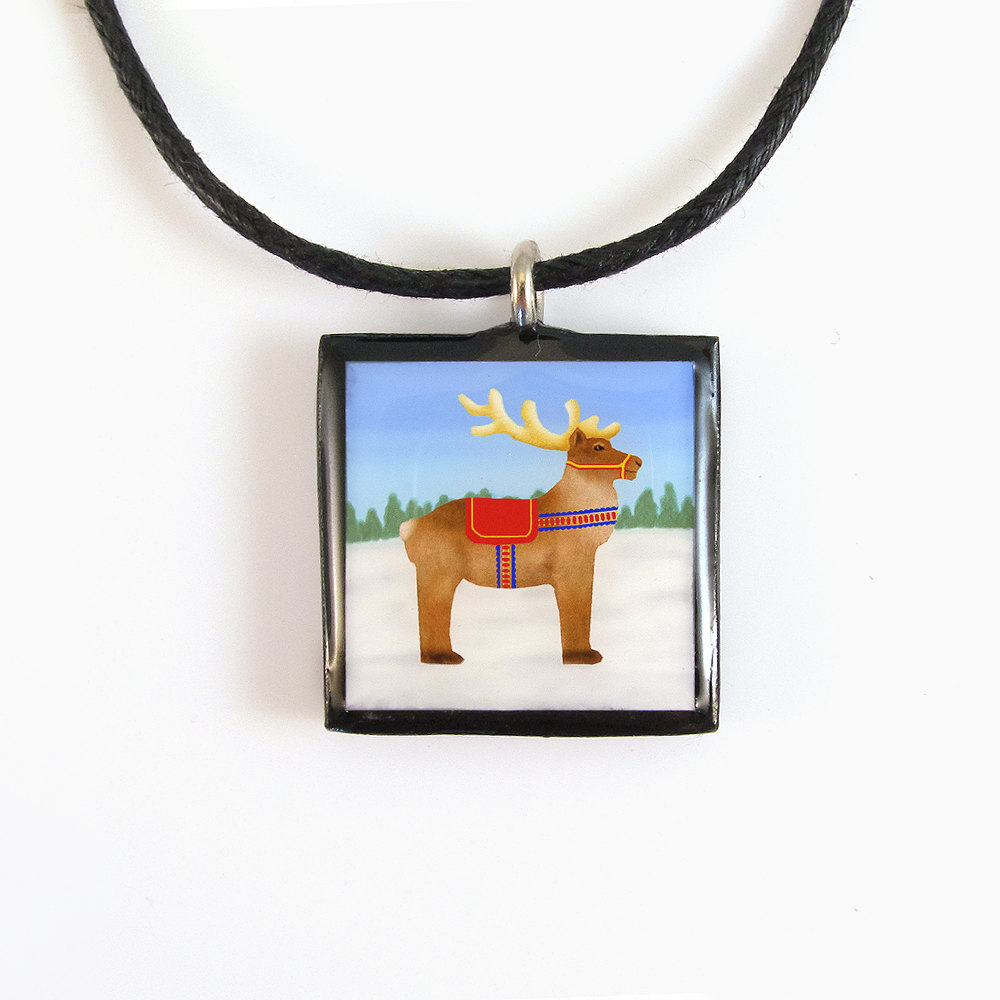 Lapland Reindeer Clay Tile Pendant And Necklace