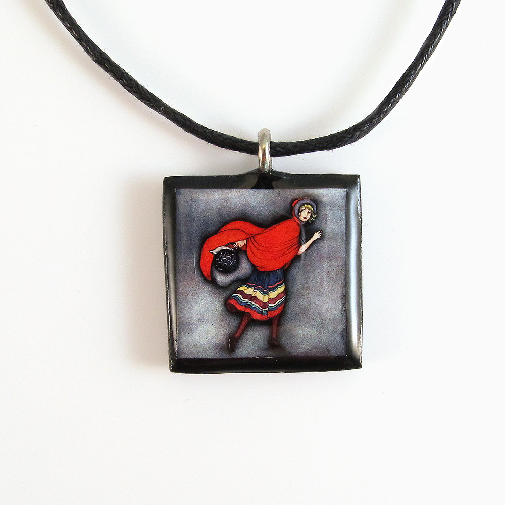 Red Riding Hood Clay Tile Pendant And Necklace