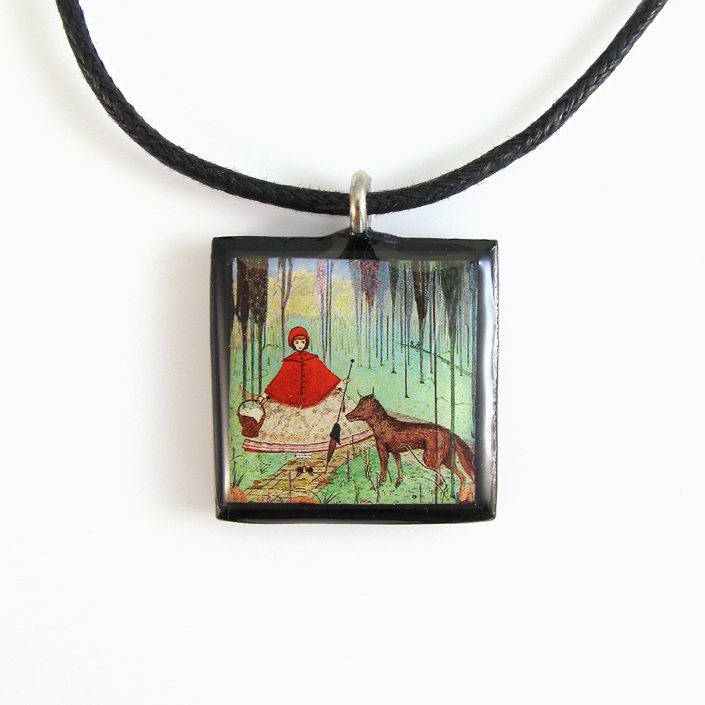 Red Riding Hood And Big Bad Wolf Fairy Tale Clay Tile Pendant And Necklace