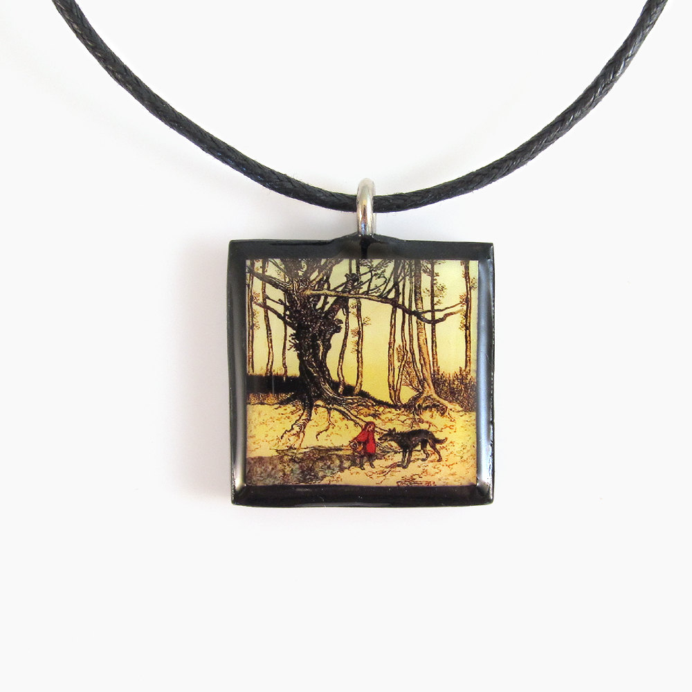 Little Red Riding Hood Clay Tile Pendant And Necklace