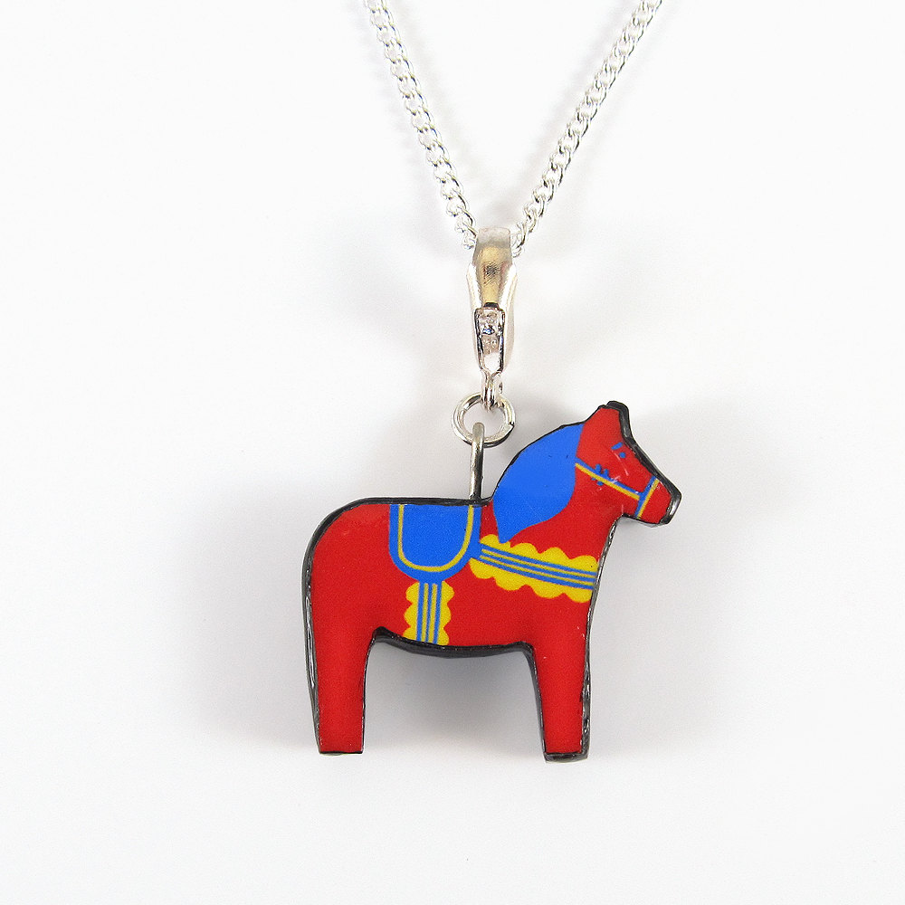 Red, Yellow, And Blue Dala Horse Pendant And Necklace