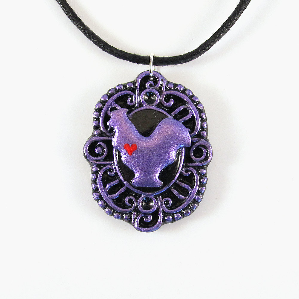 Metallic Purple Roster Cameo Pendant And Black Cord Necklace
