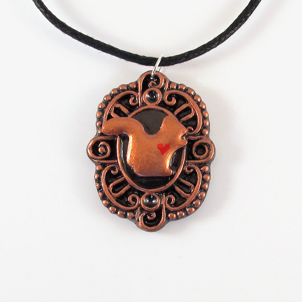 Copper Squirrel Cameo Pendant And Black Cord Necklace