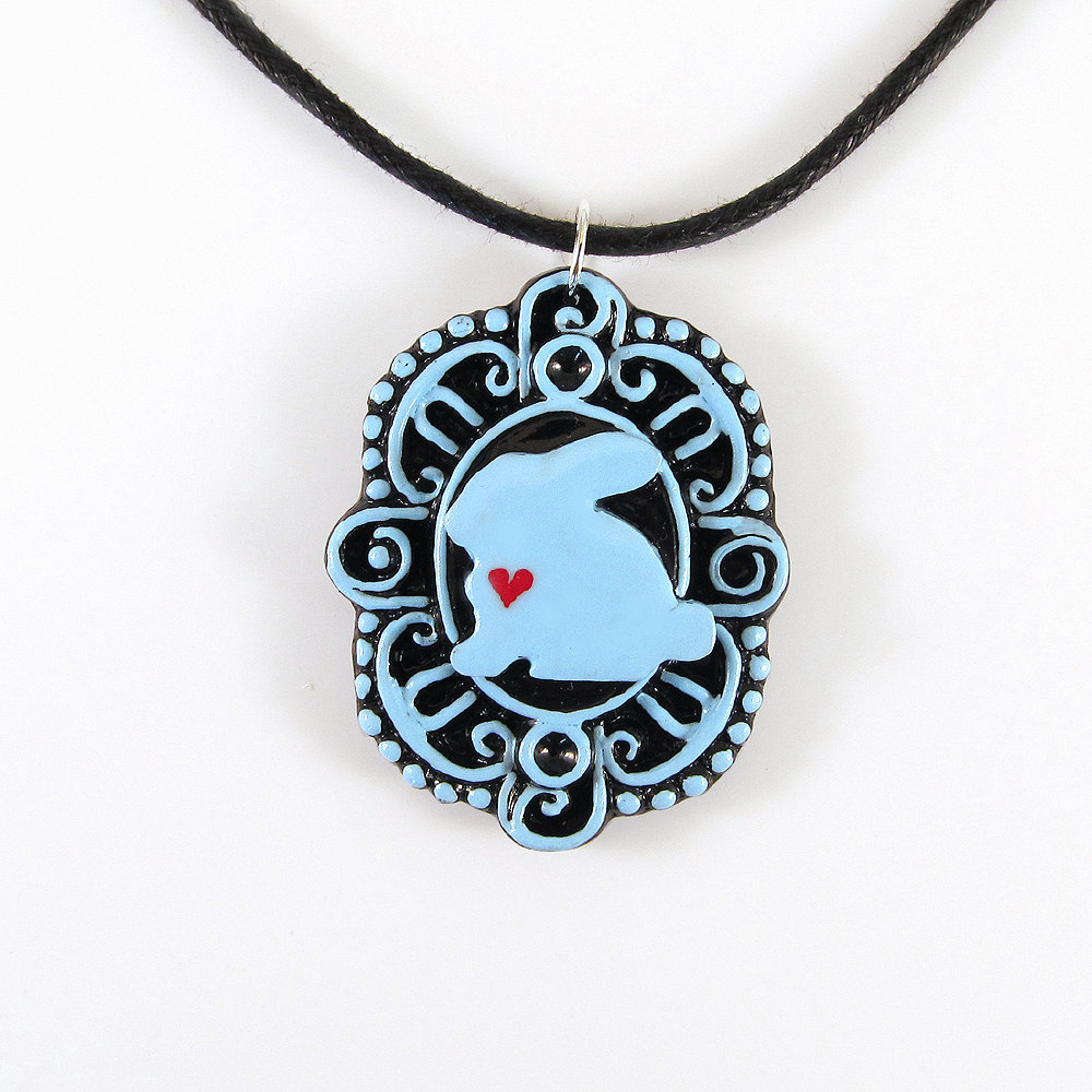 Blue Bunny With Heart Cameo Pendant And Black Cord Necklace