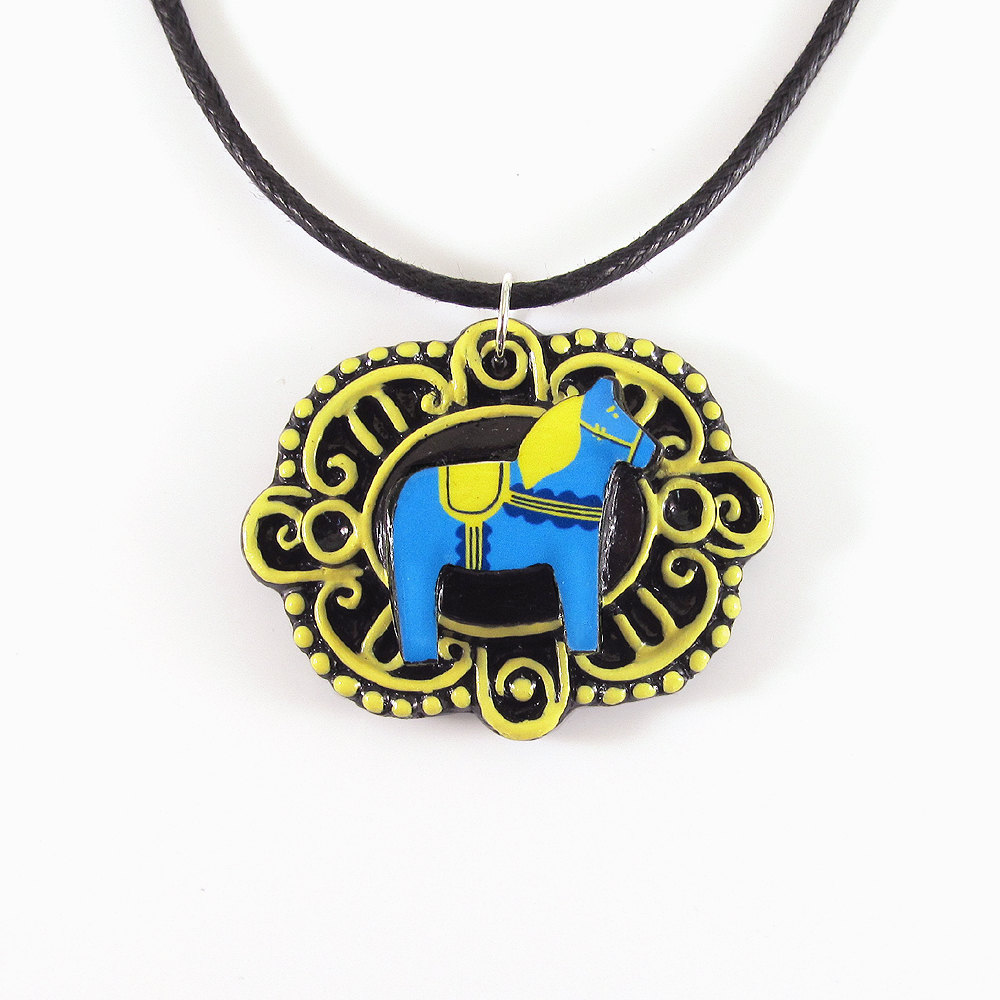 Blue And Yellow Dala Horse Cameo Pendant With Black Cord Necklace
