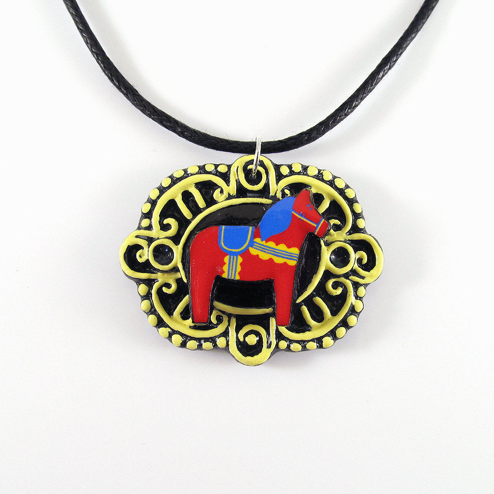 Red And Yellow Dala Horse Cameo Pendant With Black Cord Necklace
