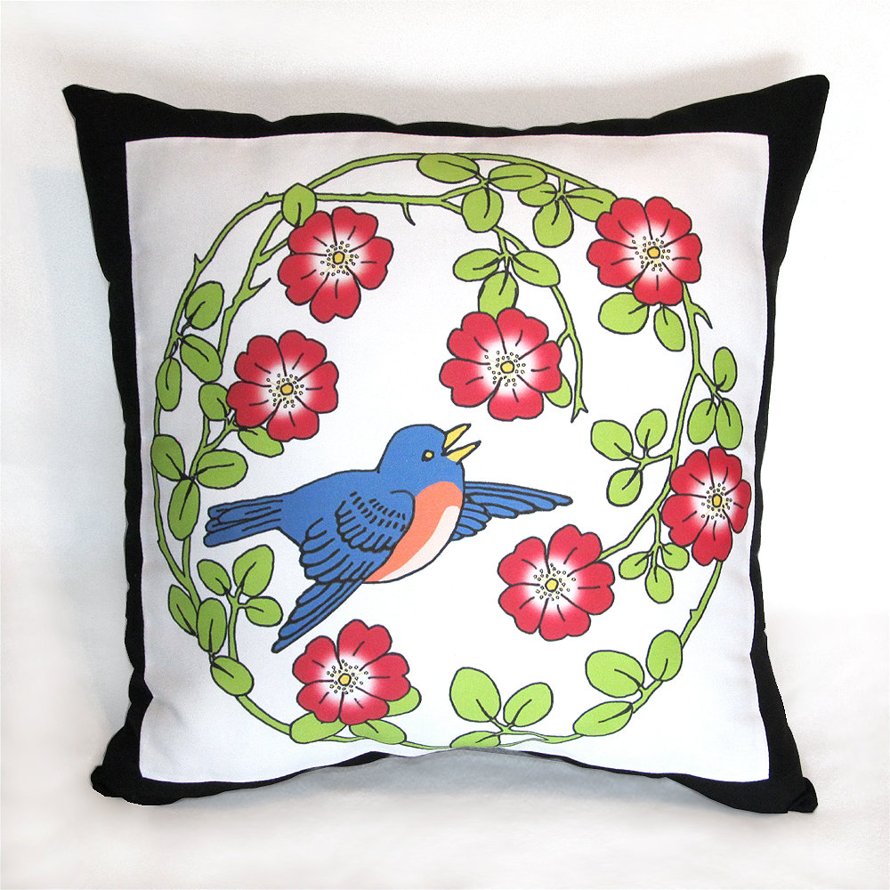 Flying Bluebird In A Wild Rose Wreath 15 X 15 In. Stuffed Decorative Throw Pillow