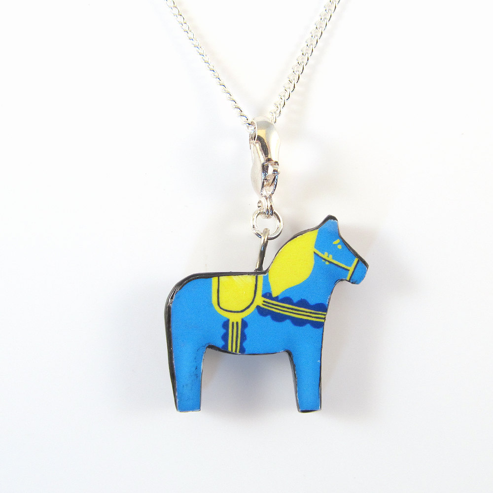 Blue And Yellow Dala Horse Pendant And Necklace