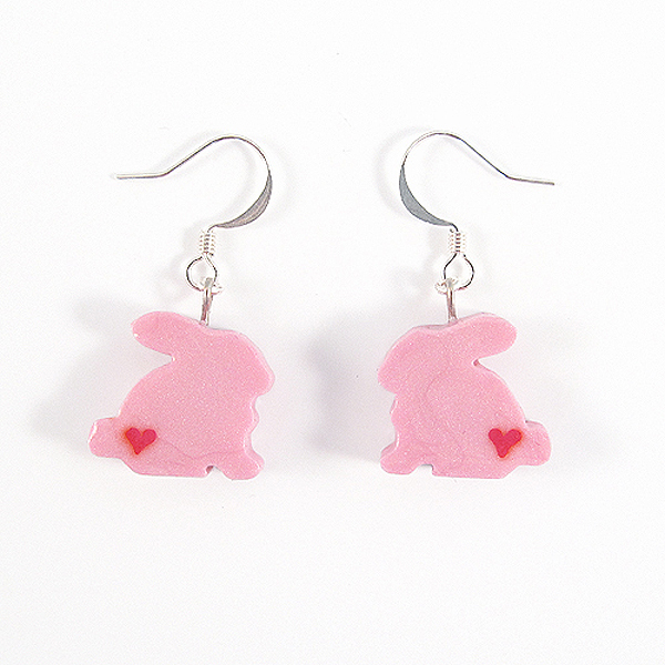 Clay Sculpted Pink Bunny Earrings With Hearts