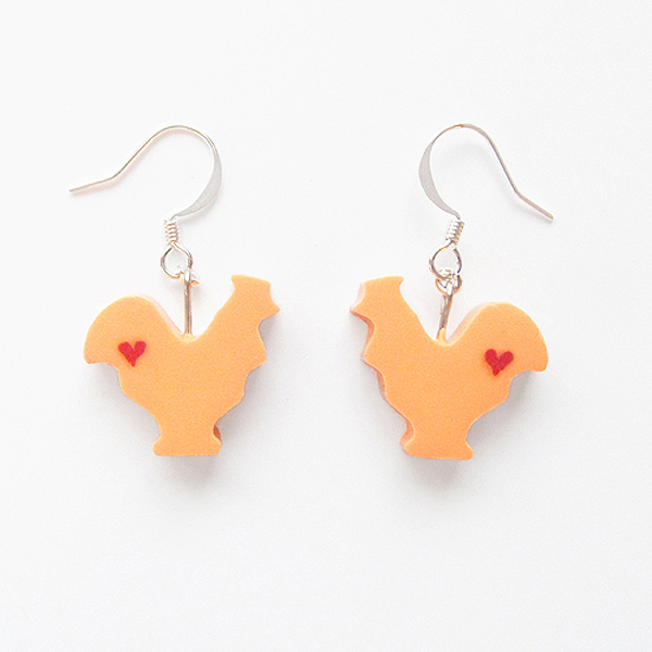 Clay Sculpted Orange Rooster Earrings With Hearts