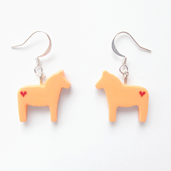 Clay Sculpted Orange Dala Horse Earrings With Hearts