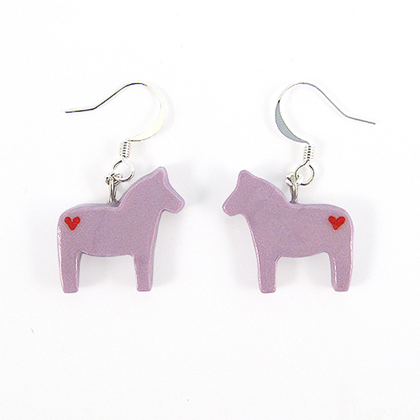 Clay Sculpted Purple Dala Horse Earrings With Hearts