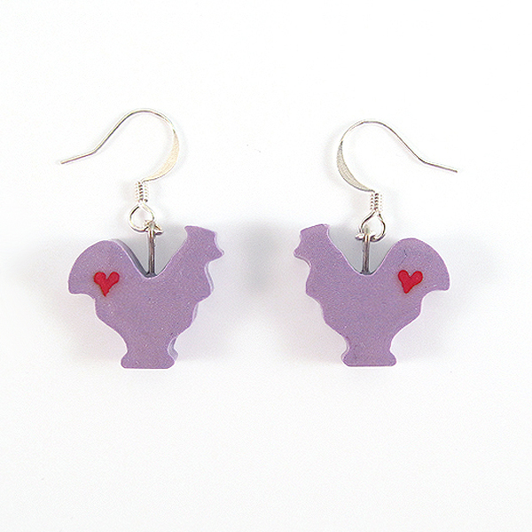 Clay Sculpted Purple Rooster Earrings With Hearts