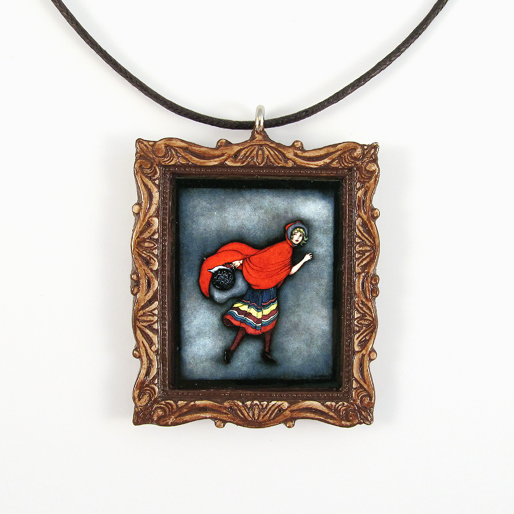 Red Riding Hood Fairy Tale Picture Frame Pendant And Cord Necklace