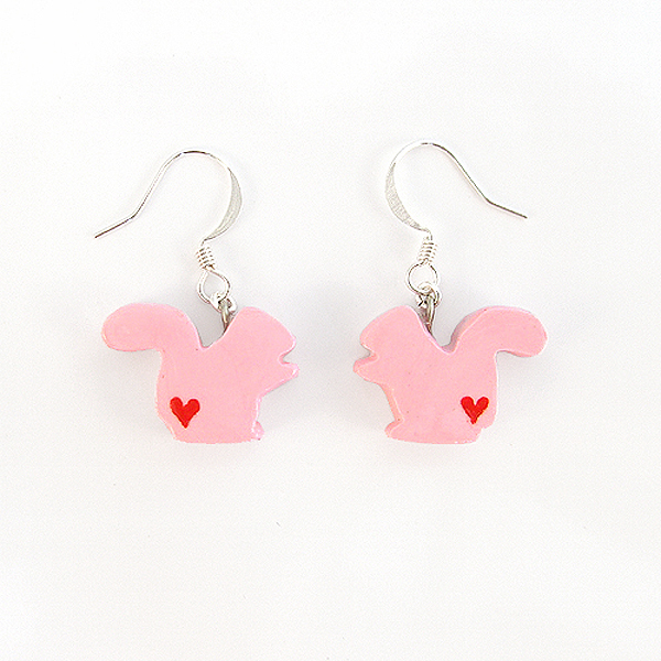 Clay Sculpted Pink Squirrel Earrings With Hearts on Luulla